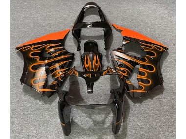 Online 2000-2002 Kawasaki ZX6R Fairings - Gloss Black & Orange Flame
